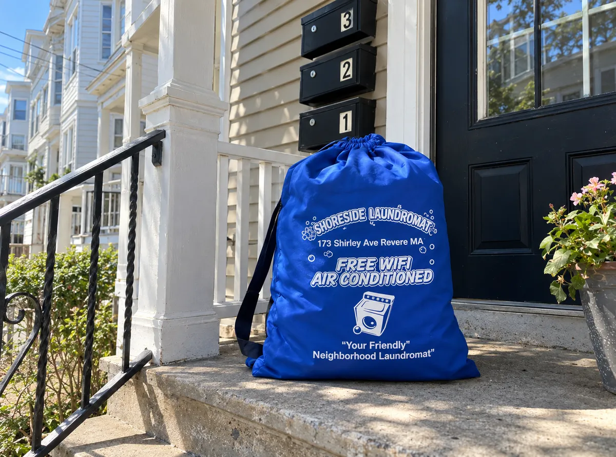 Shoreside laundry bag at the front door of a Revere three-family house