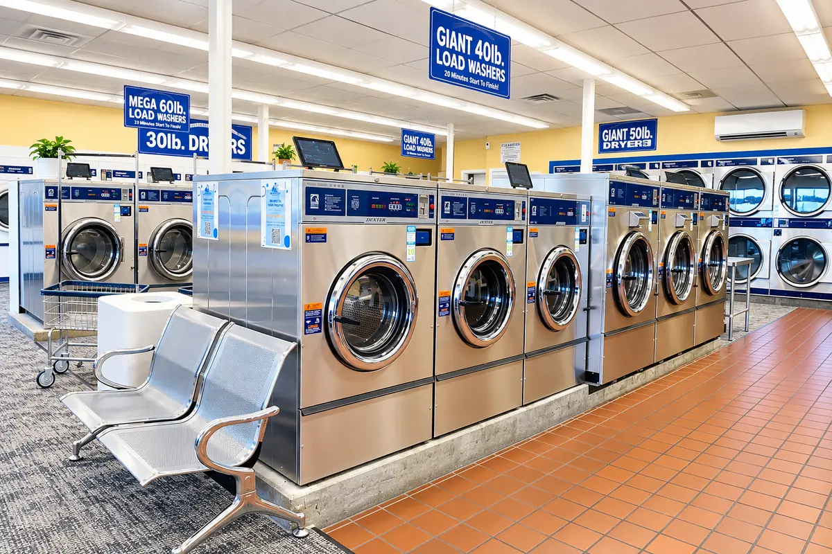 Giant stainless steel washers and seating at Shoreside Laundromat in Revere, MA